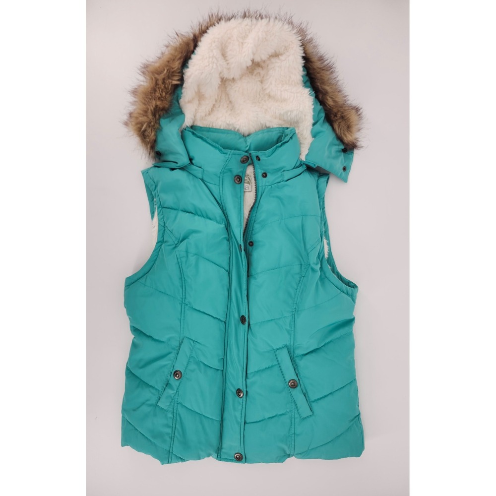 Green Tea Women Teal Blue Puffer Vest Detachable Faux Fur Hood Sherpa Lined L